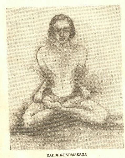 BADDHA-PADMASANA: charcoal figure of the practitioner in the bound lotus, arms crossed behind the back grasping the big toes; the fifth asana plate of Kapila's series.