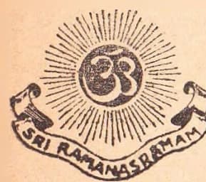 Seal of the Sri Ramana Ashram: a radiant OM within a sunburst, over a ribbon lettered 'SRI RAMANASRAMAM' — heading the new Sri Ramana Ashrama section of the news pages, whose correspondence is directed to Swami Asuri Kapila. The first appearance of this seal in the review.