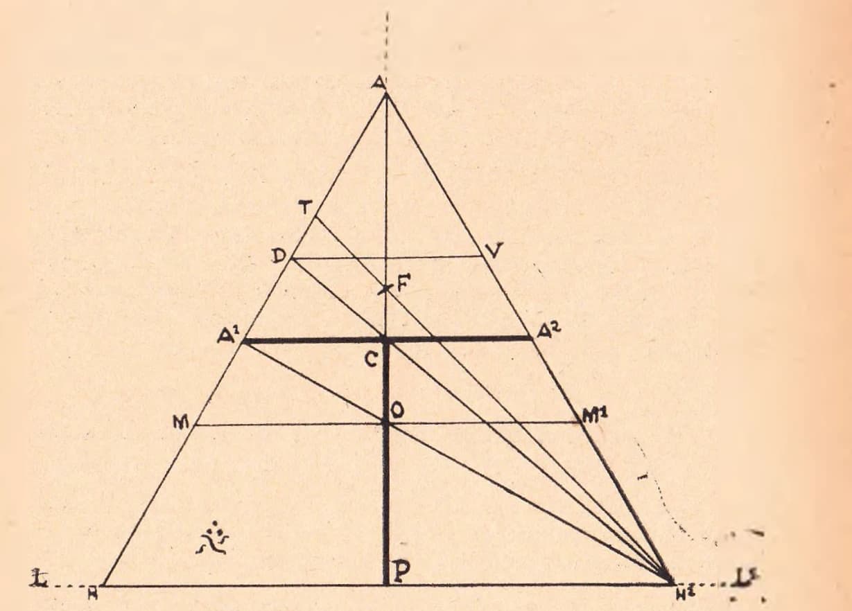 The universal diagram of Jehel's 'Living Reality of the Symbols VIII': the standing human Tau inscribed in an equilateral triangle. The base line L–L1 with the point P; the vital horizon H–H2; the navel O on the material-plane limit M–M1; the crossing of axes C on the arm-line A1–A2 (drawn heavy); the astral-plane limit D–V; the cranial limit F; the apex A; and the fan of oblique sight-lines converging on H2. An OM sign floats within the lower field. Drawn, the text says, at scale 1:300 'with the reduction changing the measures to hide certain figures'.