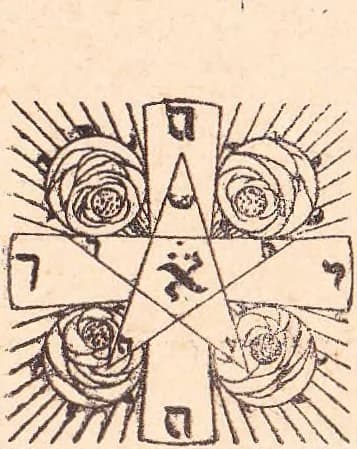 The Kabbalistic Rose Cross pentagram: an interlaced five-pointed star over a cross whose arms bear Hebrew letters, a rose in each quarter, on a ground of radiating lines.