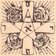 The Kabbalistic Rose Cross pentagram: an interlaced five-pointed star over a cross whose arms bear Hebrew letters, a rose in each quarter, on a ground of radiating lines.