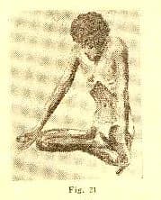 Fig. 21 — the three bandhas, MULA, UDDIYANA and JALANDHARA together: seated in Padmasana, left heel pressing the generative organ while the anus contracts, the diaphragm drawn up as far as possible. The article calls it 'one of the most secret postures of Asana Yoga'. The second of the two long-flagged plates, likewise present but unregistered.