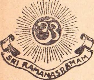 Seal of the Sri Ramana Ashram: a radiant OM within a sunburst over a ribbon lettered 'SRI RAMANASRAMAM'.