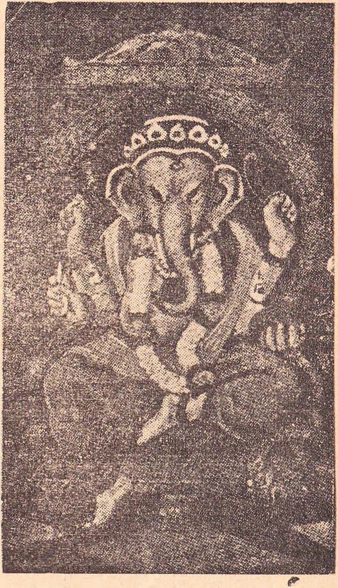 Halftone of Ganesha — crowned, four-armed, seated — illustrating the full-page advertisement for Léo de Mascheville's 'Perfumes Lin-Yu-Tang'.