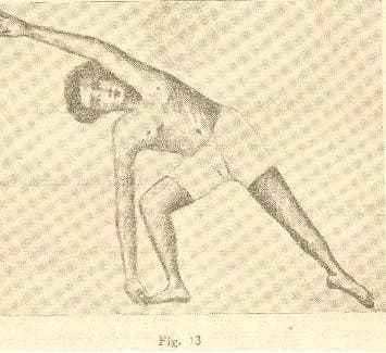 Fig. 13 — TRIKONASANA, 'the triangle posture': the lateral flexion with the arms extended, the head inclined to the shoulder.