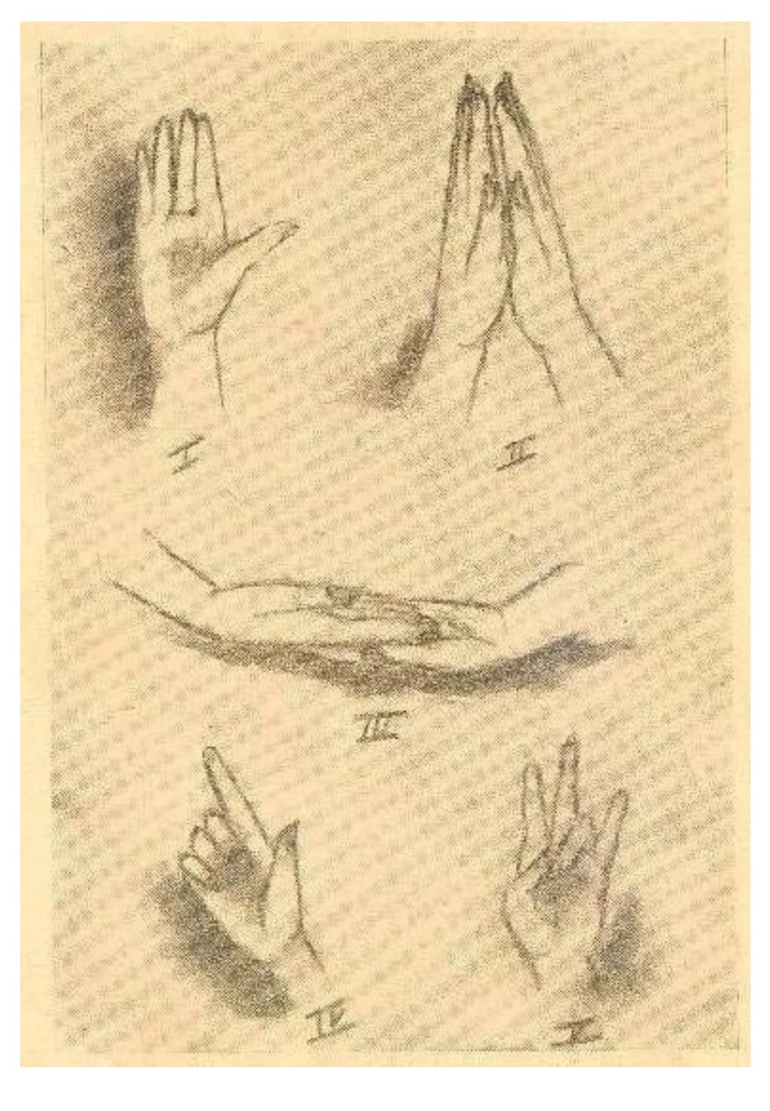The five mudras drawn in charcoal, numbered I–V: Abhaya (protection), Anjali Hasta (adoration), Dhyana (meditation), Shuci Hasta (polarisation) and Kartari Mukha (bodily electricity); the full-page plate to Kapila's article.