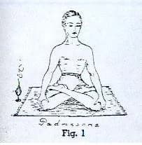 Padmasana, Fig. 1 — the lotus, first posture of the Progressive Course of Asana Yoga. Drawn from life, with the incense burning at the left of the mat.